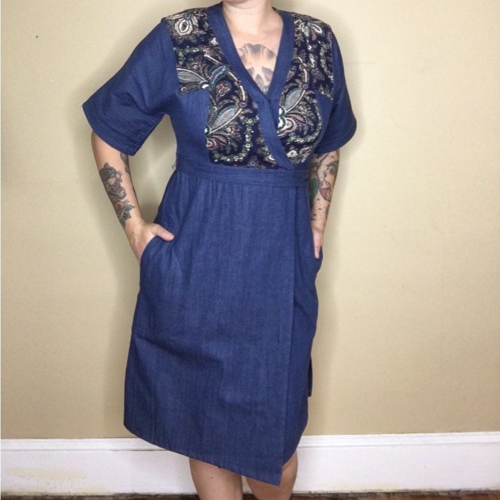 Vintage denim paisley panel wrap dress